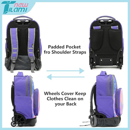 NEW TILAMI 18 Inch Rolling Backpack with Wheels for Girls Boys Kids Laptop Backpack School Travel, PurpleSky