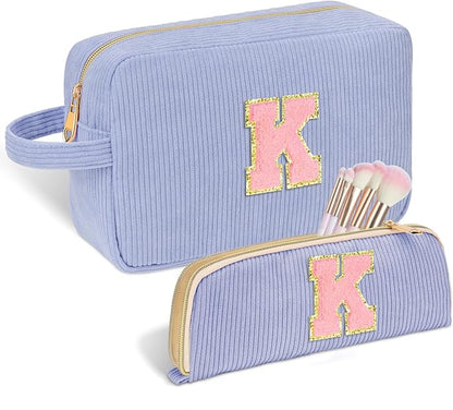 Personalized Initial Makeup Bag Trendy Stuff Corduroy Cosmetic Bag Travel Toiletry Bag, Christmas/Thanksgiving/Halloween Gifts Makeup Organizer Case for Women Girls Mom Girlfriend Wife - Blue