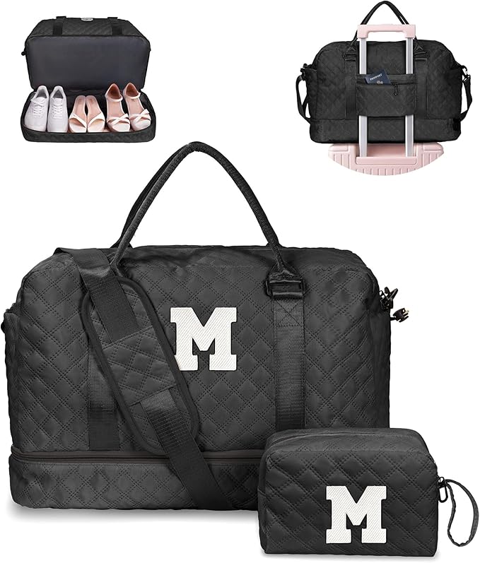 Teens' Birthday Gifts - Initial Duffle Bag with Separated Shoe Compartment, Weekender, Overnight & Travel Bag - Letter M
