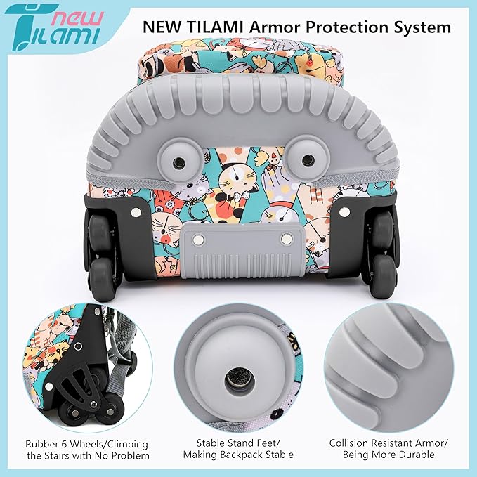 NEW TILAMI Rolling Backpack for Boy Suitcase School Adjustable Laptop Backpack with Wheels for Girl to School Travel Camping Boys Backpack Cute Cats 18 Inches