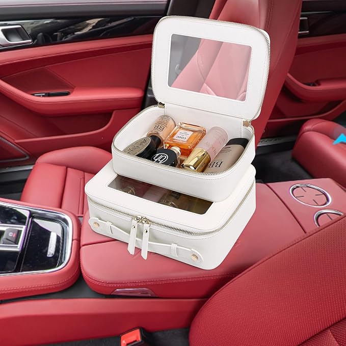 Pinkmik Clear Makeup Bag for Women Waterproof Travel Cosmetics and Toiletries Case Portable Makeup Oaganizer Bag Clear Car Bag with Zipper (White, L)