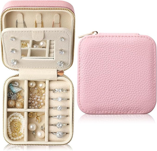 Genuine Leather Travel Jewelry Case Organizer with Mirror for Women, Small Jewelry Box Portable Mini Jewelry Case for Earring, Ring, Necklace, Bracelet（Lychee Grain Pink Purple）