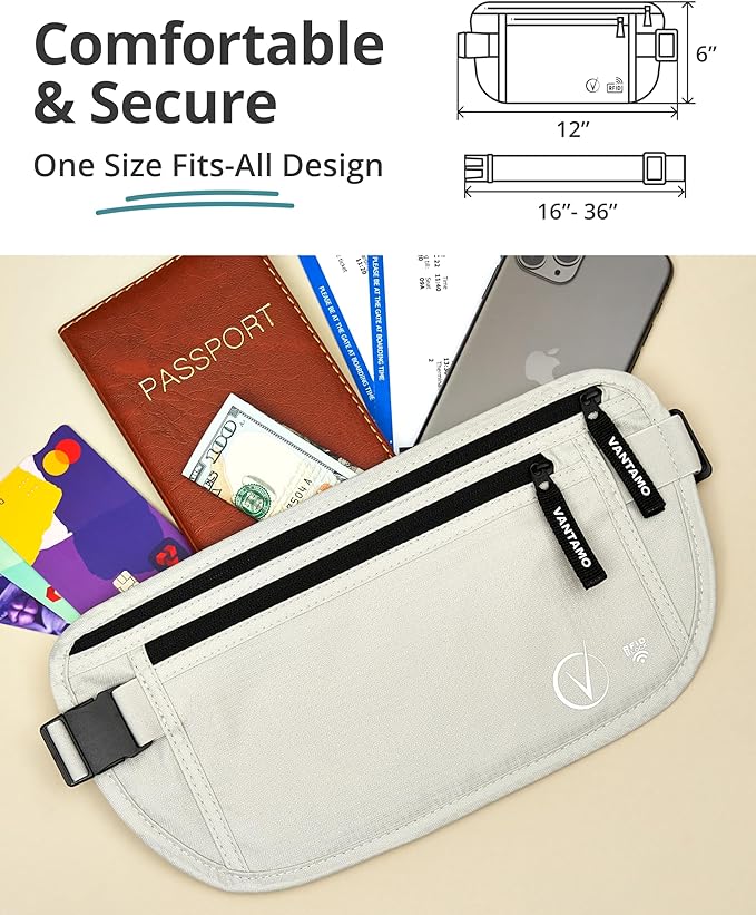 Vantamo Money Belt with RFID For Men & Women, Hidden Passport Holder for Travel, 2 Compartment Travel Fanny Pack for Women Anti Theft