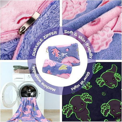Axolotl Blanket for Airplane Travel - Glow in The Dark Kids Travel Blanket Pillow Set for Plane, Car - Axolotl Gifts Toys for Girls, Small Soft Purple Fleece Throw for Teens Girls 40" x 60"