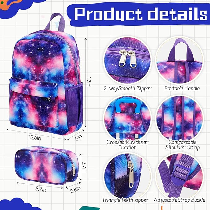 Redbaker 6 Pcs Kids Luggage Set 17 Inch Kids Rolling Luggage Double Pattern Suitcase for Girls Boys School Gift(Blue Purple,17 Inch,Starry Sky Style)