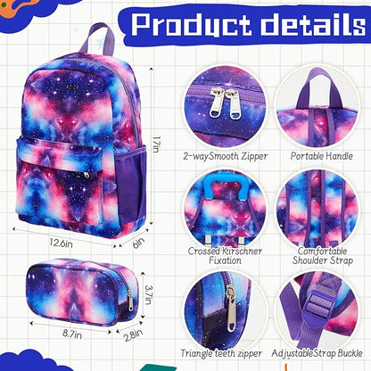 Redbaker 6 Pcs Kids Luggage Set 17 Inch Kids Rolling Luggage Double Pattern Suitcase for Girls Boys School Gift(Blue Purple,17 Inch,Starry Sky Style)