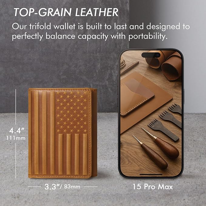 Trifold Leather Wallet for Men RFID Blocking – Mens Trifold Wallet Leather with 12 Card Slots, Gift for Men, American Flag Wallet Brown