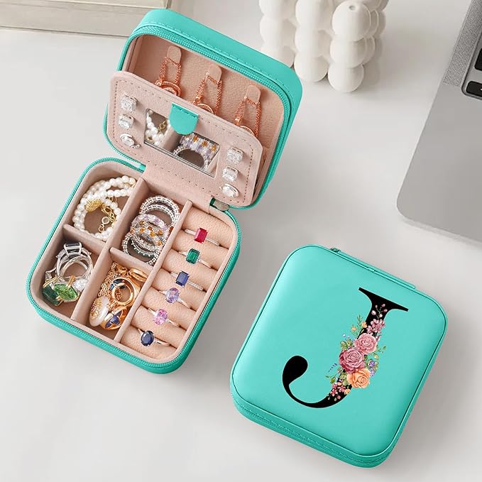 Parima Christmas Stocking Stuffers Gifts Small Travel Jewelry Case Organizer, Travel Jewelry Box Gifts for Teenage Girls Women Friends Female Bridesmaid Maid of Honor Birthday - Letter J, Blue