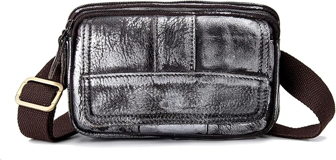 Compact Genuine Leather Waist Pack for Men Phone Fanny Pack Small Chest Messenger Bag with Adjustable Belt Gifts for Men (Silver)