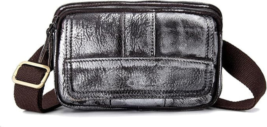 Compact Genuine Leather Waist Pack for Men Phone Fanny Pack Small Chest Messenger Bag with Adjustable Belt Gifts for Men (Silver)