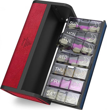 Pill Organizer 2 Times a Day, Am Pm Twice Daily Pill Case, Detachable Large Travel Pill Box 7 Day, Weekly Pill Container for Vitamin Medicine Supplement Fish Oil (Red and Blue)