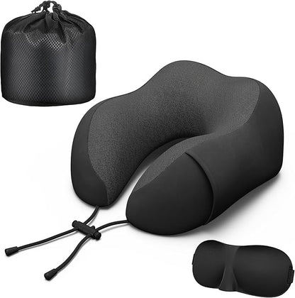 Neck Travel Pillow, Upgraded Memory Foam Pillow for Airplane, Machine Washable, Adjustable Flight Pillow, Suitable for Sleeping Airplane, Car, Office and Home (Black)