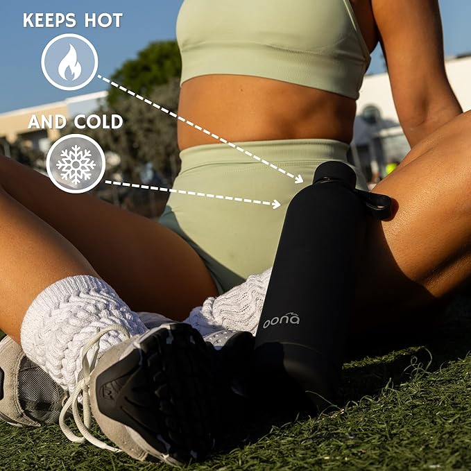 OONA Stainless Steel Water Bottle 25 oz, BPA-Free, Leak-Proof Insulated Water Bottle, Carrying Loop, Double Wall Vacuum Insulation, Keeps Drinks Hot or Cold for 12 Hours, Travel Friendly (Black)