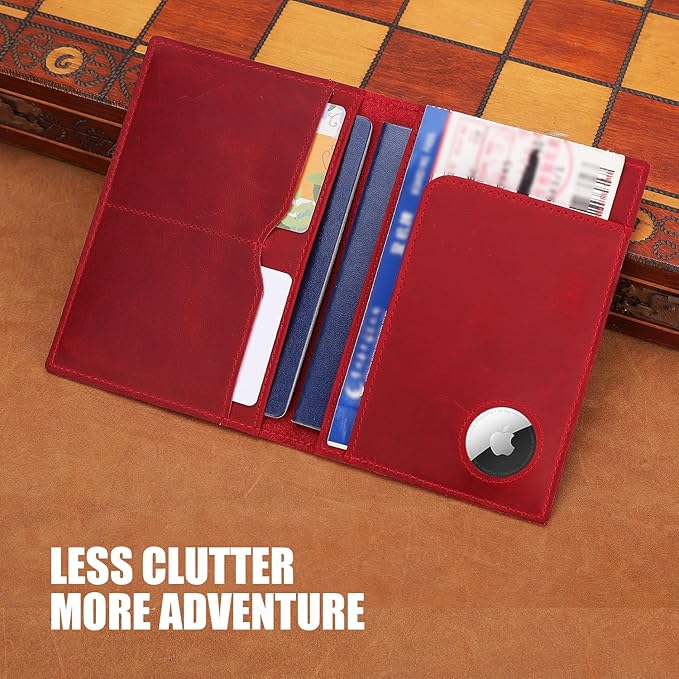 STAR VISTA Albatross Leather Travel Passport Holder, Minimalist Design, Full Grain Leather Case for Women and Men - Slim Passport Wallet, Bifold, RFID Blocking, with AirTag Holder, Crimson Red