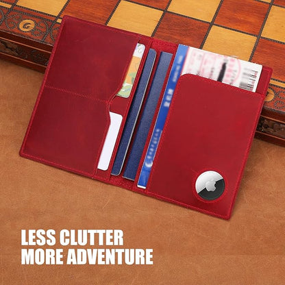 STAR VISTA Albatross Leather Travel Passport Holder, Minimalist Design, Full Grain Leather Case for Women and Men - Slim Passport Wallet, Bifold, RFID Blocking, with AirTag Holder, Crimson Red