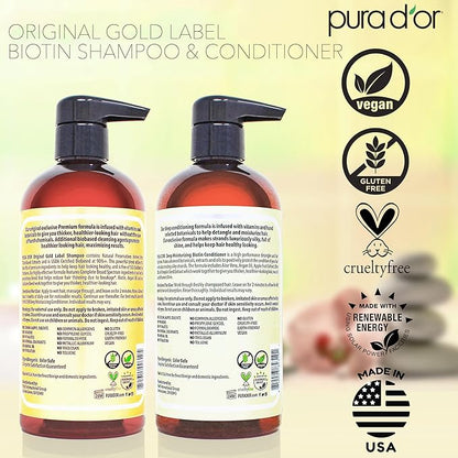 PURA D'OR Anti-Thinning Biotin Shampoo & Conditioner Original Gold Label Set (16oz x2) – CLINICALLY TESTED Formula for Volume, Strength & Thicker-Looking Hair – Helps Reduce Breakage For Women & Men