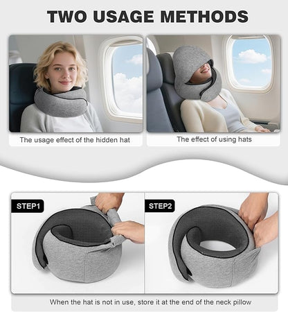 Travel Neck Pillow, Newly Upgraded Hooded Neck Pillow , 100% Pure Memory Foam Travel Pillow for Flight Headrest Sleep,Windproof and heat preservation,Suitable for use in Outdoor/Plane/Car/Office
