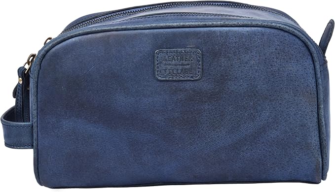LEATHER VILLAGE Premium Leather Toiletry Travel Pouch With Waterproof Lining - Blue | King-Size Handcrafted Vintage Dopp Kit Bag, Shaving & Bathroom Organizer, Gift for Men & Women