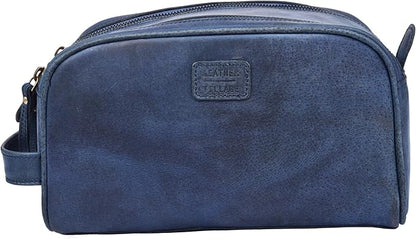 LEATHER VILLAGE Premium Leather Toiletry Travel Pouch With Waterproof Lining - Blue | King-Size Handcrafted Vintage Dopp Kit Bag, Shaving & Bathroom Organizer, Gift for Men & Women