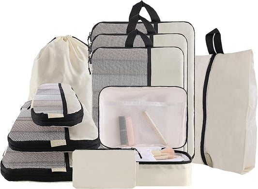U+U 10 Set Compression Packing Cubes - Ultralight Cream Travel Organizers with Laundry Bag, Space-Saving Suitcase Organizer, Expandable Packing Cubes for Travel and Family Vacation (Cream)
