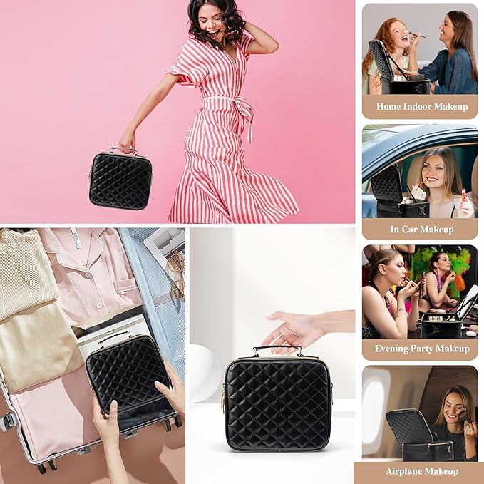 SJD Travel Makeup Bag with LED Mirror, Portable Cosmetic Case Organizer with Lighted Mirror, Waterproof Makeup Case for Cosmetic Brush Holder Storage, Black Toiletry Bag for Women Gift