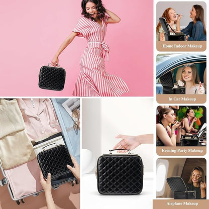 SJD Travel Makeup Bag with LED Mirror, Portable Cosmetic Case Organizer with Lighted Mirror, Waterproof Makeup Case for Cosmetic Brush Holder Storage, Black Toiletry Bag for Women Gift