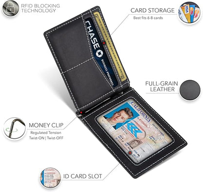 SERMAN BRANDS AirTag Wallet - RFID Blocking Mens Minimalist Money Clip Wallet for Airtag - Full Grain Leather - Slim Bifold. Front Pocket Air tag Wallets for men. Gift (Charcoal Black Air)