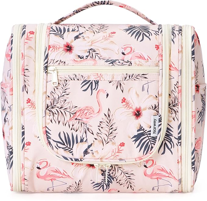 Narwey Hanging Toiletry Bag for Women Travel Makeup Bag Organizer Toiletries Bag for Cosmetics Essentials Accessories (Large, Beige Bird)