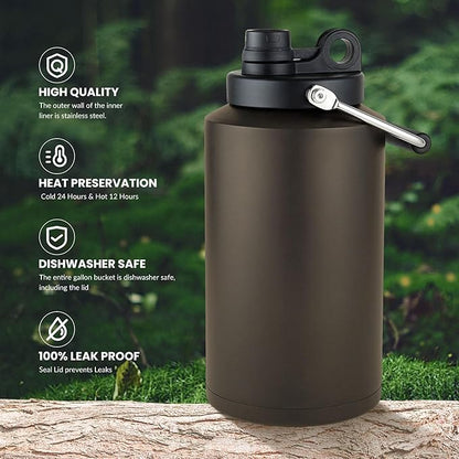 1 Gallon Water Jug Bottle Insulated, 128oz Stainless Steel Water Bottle Jug Wide Mouth Double Vacuum Dishwasher Safe BPA Free for Hot & Cold Drinks Dark Khaki