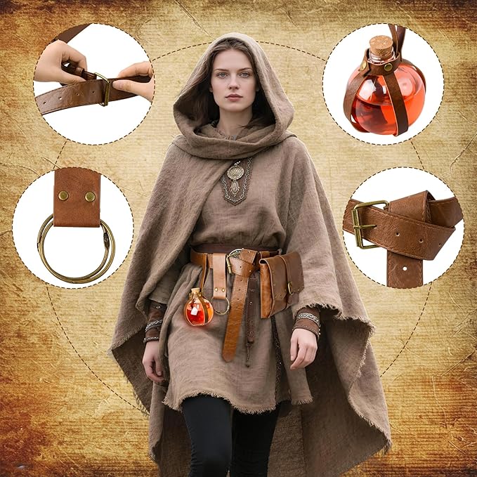 Renaissance Belt Pouch Viking Leather Medieval Belt Waist Bag Pirate Cosplay Festival Halloween Adjustable Accessories (Bottles-Brown)