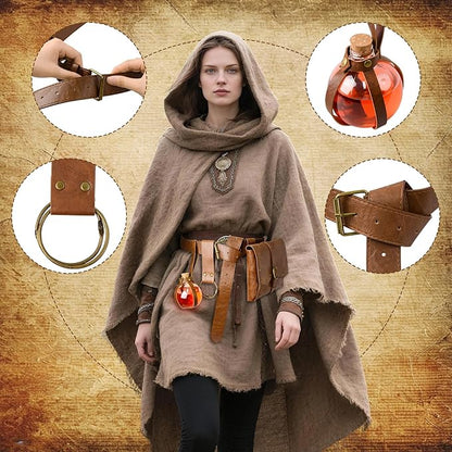 Renaissance Belt Pouch Viking Leather Medieval Belt Waist Bag Pirate Cosplay Festival Halloween Adjustable Accessories (Bottles-Brown)