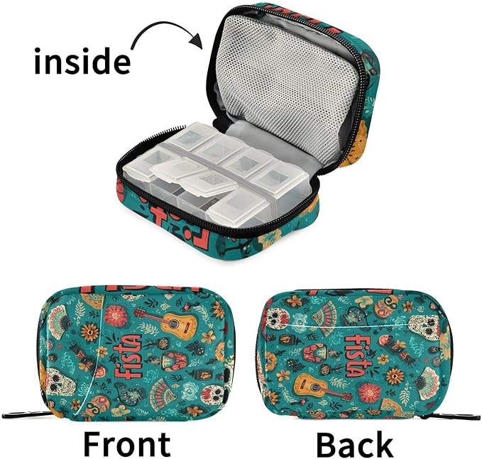 Fiesta Mexican Green Skulls Guitars Flowers Travel Pill Organizer Case Box Container Weekly Portable Vitamin Medicine Holder Storage Bag with Zipper Removable