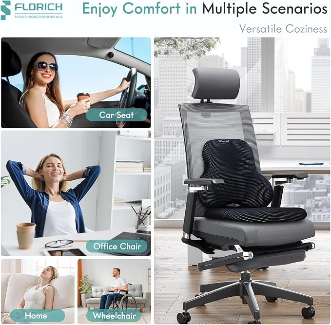 FLORICH Car Seat Cushion and Lumbar Support Pillow for Office Chair Car, Ergonomic Memory Foam, Relieves Back Sciatica Pain, Pressure-Relieving Back Support for Car, Office Chair & Wheelchair – Black