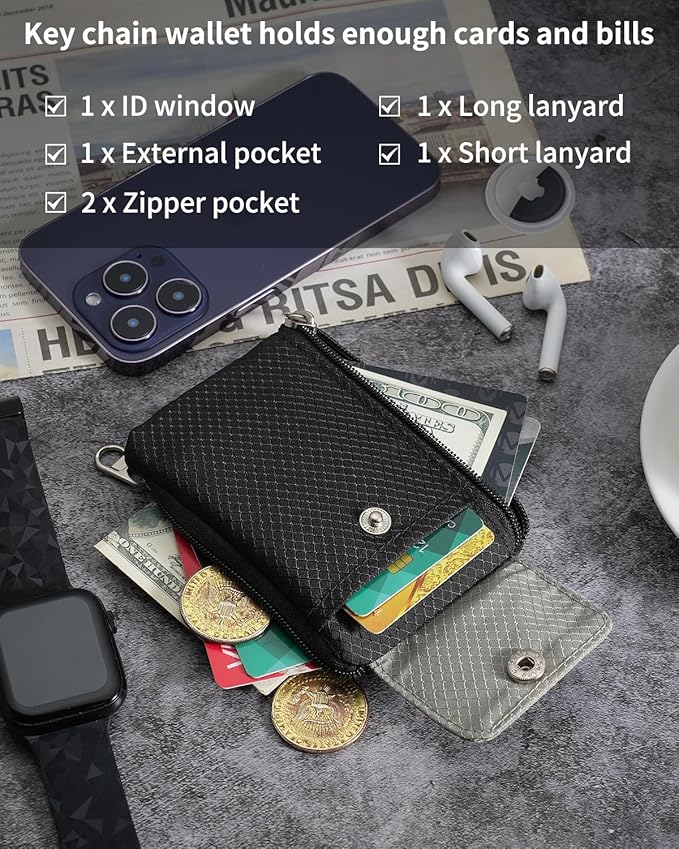 Minimalist Wallet For Mens Womens, Keychain RFID Blocking Zipper Small Wallet with ID Window 2 Lanyards,Water Resistant Travel Cash Card Coin Case Boys Girls