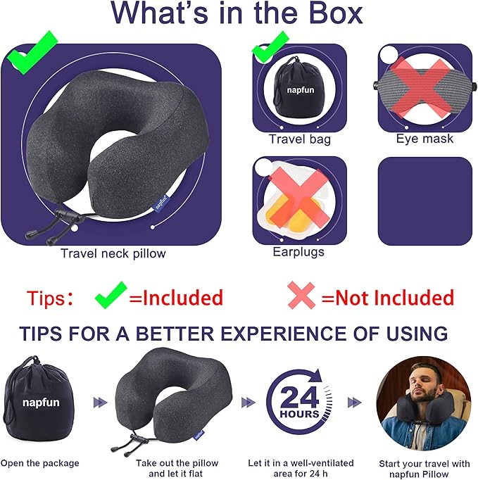 napfun Neck Pillow for Traveling, Upgraded Travel Neck Pillow for Airplane 100% Pure Memory Foam Travel Pillow for Flight Headrest Sleep, Portable Plane Accessories, Simple Sets (Optional), Full Black