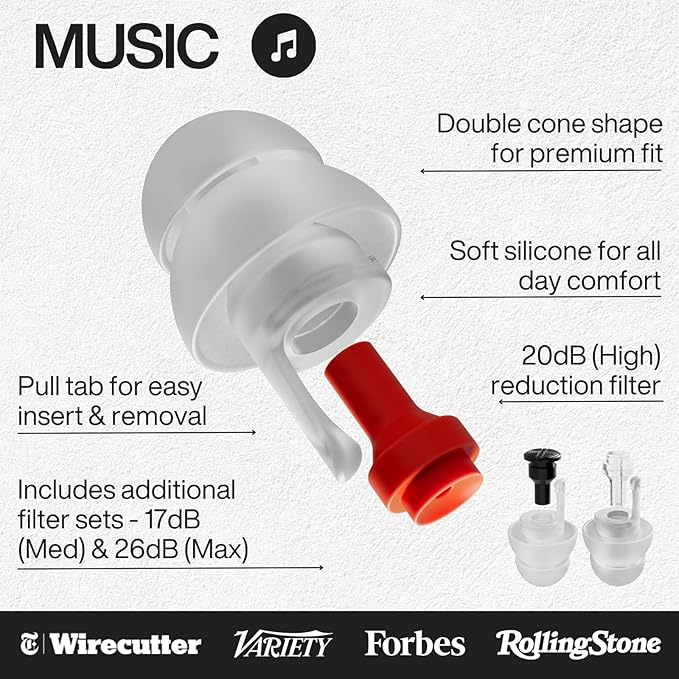 EARPEACE Music - Concert Ear Plugs - Earplugs for Noise Reduction up to 26dB - High Fidelity Ear Plugs for Concerts, Musicians and Live Events - Reusable Earplugs - Includes 3 Filter Sets and Case