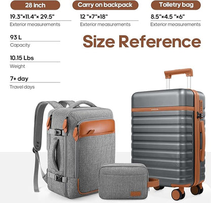 UKEIN Luggage Sets 3 Piece, PC Hardside LargeLuggage 28 Inch With Spinner Wheels with TSA Lock, Checked Suitcase Set With Travel Backpack for Men (Grey, 3 piece set (28inch))