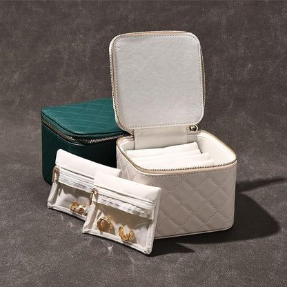 Travel Jewelry Box Organizer - Small Jewelry Case with 6 Small Velvet Zipped Pouches Pockets for Jewelry Necklaces Rings Earrings Storage(Teal)