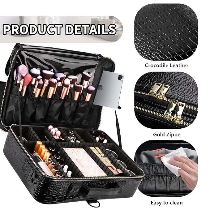 gzcz Large Capacity Travel Makeup Case Organizer,Professional Cosmetic Bags for Women,Waterproof PU Leather Makeup Bag with Adjustable Dividers and Shoulder Strap for Brushes and Jewelry