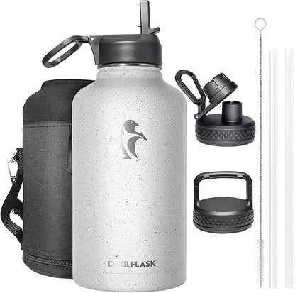 Half Gallon Water Bottle Insulated with Straw&3 Lids, Coolflask 64 oz Water Jug Galaxy Large Metal Stainless Steel flask for Gym, Sports and Office, Keep Cold 48H Hot 24H, Arctic White