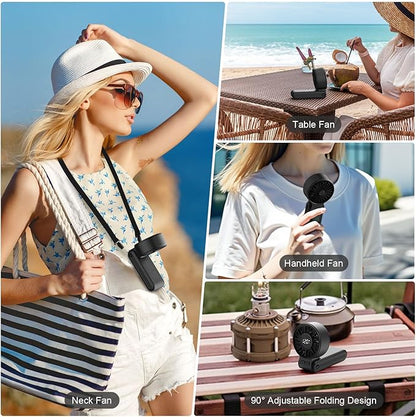Portable Handheld Fan, 4000mAh Rechargeable, 6 Speed Settings, LCD Display, 3-in-1 Foldable Mini Desk Fan with Lanyard (BLACK)