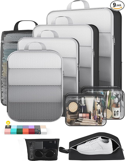 Veken 9/11 Set Compression Packing Cubes for Travel Essentials,Compressible Expandable Large Luggage Suitcase Organizer Bags for Clothing,Durable Space Saver Storage Bags with Toiletry Bags(Black)