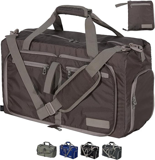 LEGEND 40L Foldable Duffle Bag for Travel - Packable Duffle Bags w/Shoe Compartment - Tear Resistant Collapsible Duffel Bags for Traveling - Lightweight Folding Duffel Bag for Men & Women -Chocolate