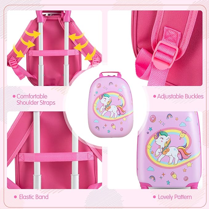 KOTEK Kids Carry On Luggage Set, 16" Hardside Rolling Suitcase with Spinner Wheels, Travel Rolling Luggage for Boys Girls (Pink Unicorn)