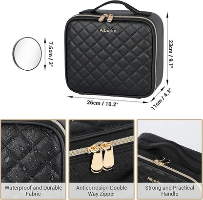 Travel Makeup Bag with Led Mirror Make up Case with Lighted Mirror Cosmetic Organizer bag with Adjustable Dividers and 5X Magnifying Mirror Makeup Box Vanity Case for Women