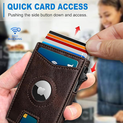 Airtag Wallet for Men,with Money Clip Gift Boxed,Slim Front Pocket Wallet RFID Blocking Metal Case Smart Pop-up Credit Card Holder in Magnetic Leather Flip