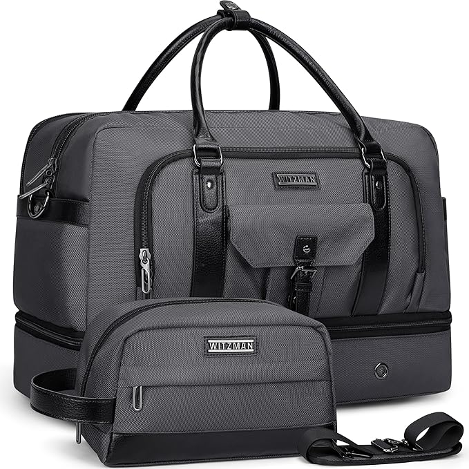 WITZMAN Weekender Bags for Men Women Carry On Duffle Overnight Bag with Toiletry Bag Sets Travel Duffel Bag Shoes Compartment （B694 Silvery Grey）