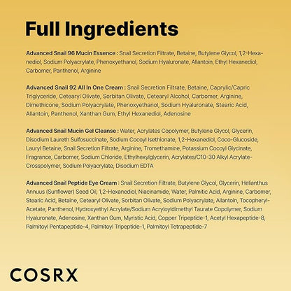 COSRX All About Snail Mucin Korean Skin Care Set, Mini Travel Essentials, Travel Size Gift Set with Snail Mucin Face Wash, Serum, Moisturizer & Eye Cream, Rejuvenating Kit, Stocking Stuffers