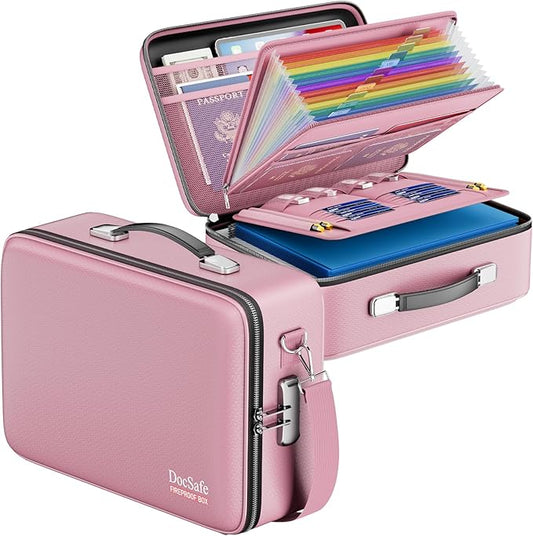 DocSafe Fireproof Document Box with Lock, Hard Case File Organizer with Accordion File Folder, Fireproof Water Resistant Safe Box Home Office Travel Storage for Important Documents Laptop Pink
