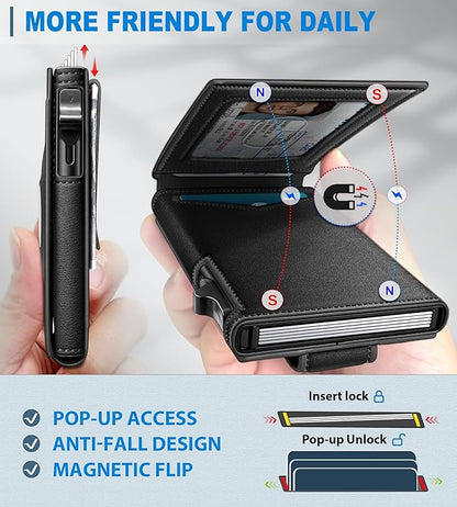 Airtag Wallet for Men,with Money Clip Gift Boxed,Slim Front Pocket Wallet RFID Blocking Metal Case Smart Pop-up Credit Card Holder in Magnetic Leather Flip